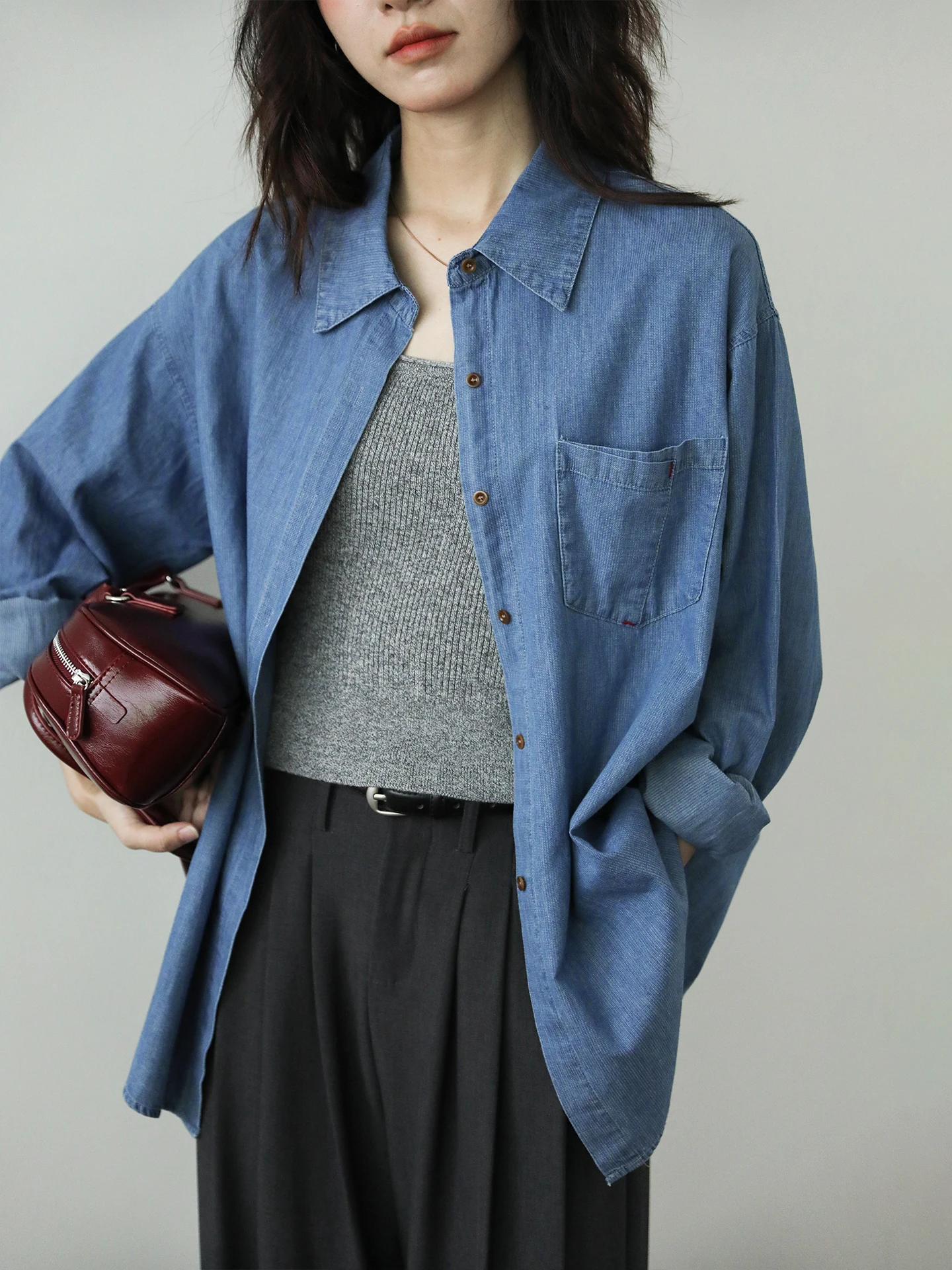 

Blue Long Sve Pure Color Denim irt Women's Loose Casual Versatile Top Korean Sle Simple Design Breathable Cotton Blend