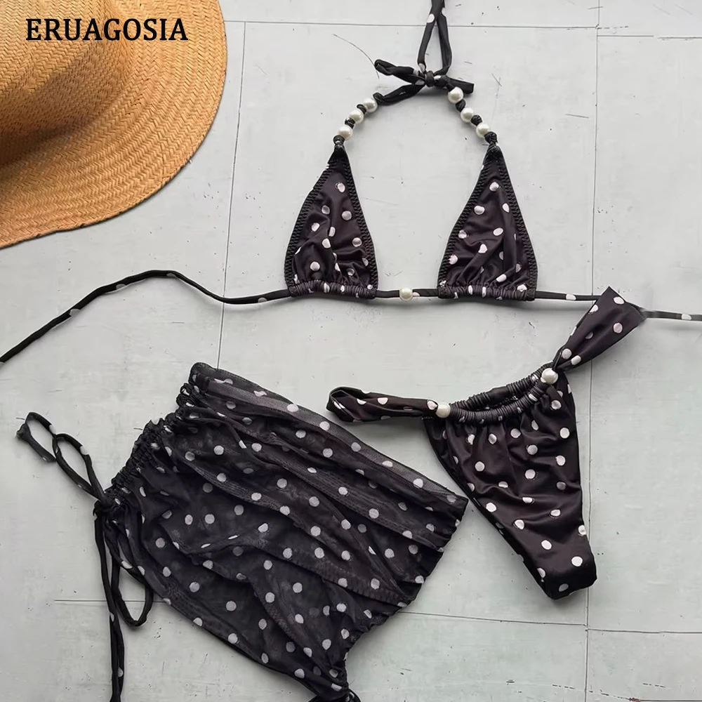 

Комплекты сексуальных бикини 2026: женские купальники в винтажном стиле с принтом в горошек, комплект из трех предметов, пляжная одежда, стринги