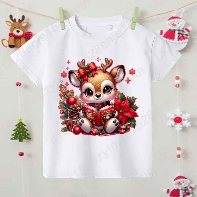 

Adorable Cartoon Christmas Deer Pattern Kids' Casual Short Sleeve T-Shirt, Round Neck, Suitable For Children Girls