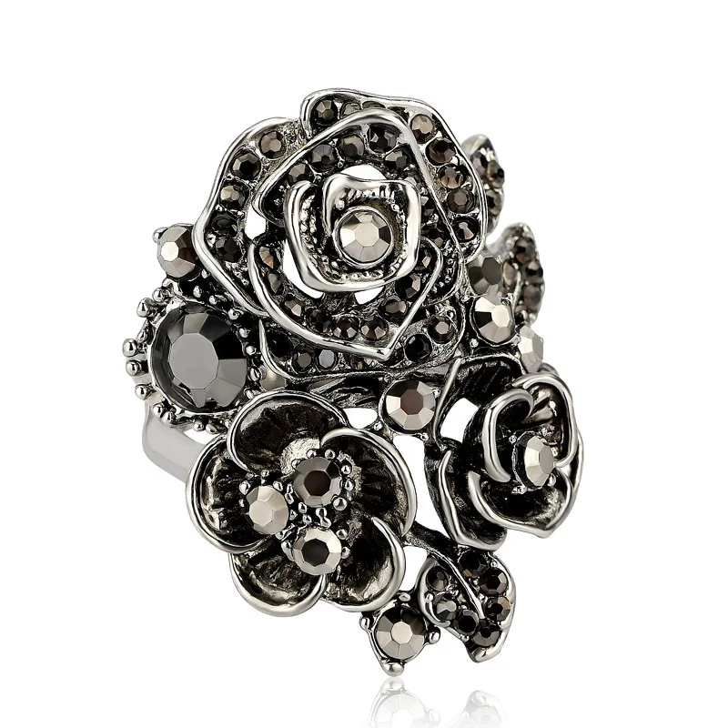 Creative Ancient Silver Color Black Rose Flower Crystal Rhinestone Zircon Female Ring for Women Party Jewelry Hand Accessories