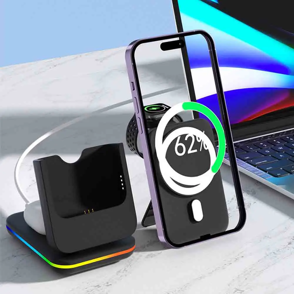 3 in1Multifunctional Magnetic Power Bank Portable 5000mAh Fast Charging Wireless Charger for IPhone IWatch Bluetooth Headphones