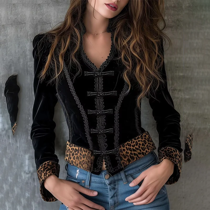 

2025 New Chinese Women's Velvet Short Coat Leopard Patchwork Lace Trim Sexy V-Neck Long Sleeve Elegant Gothic Outwear Tops