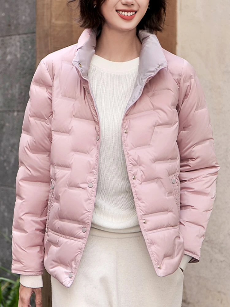 FTLZZ Autumn Winter Women Light Puffer Parka Outwear Fashion White Duck Down Coat Casual Stand Collar Single Breasted Jacket