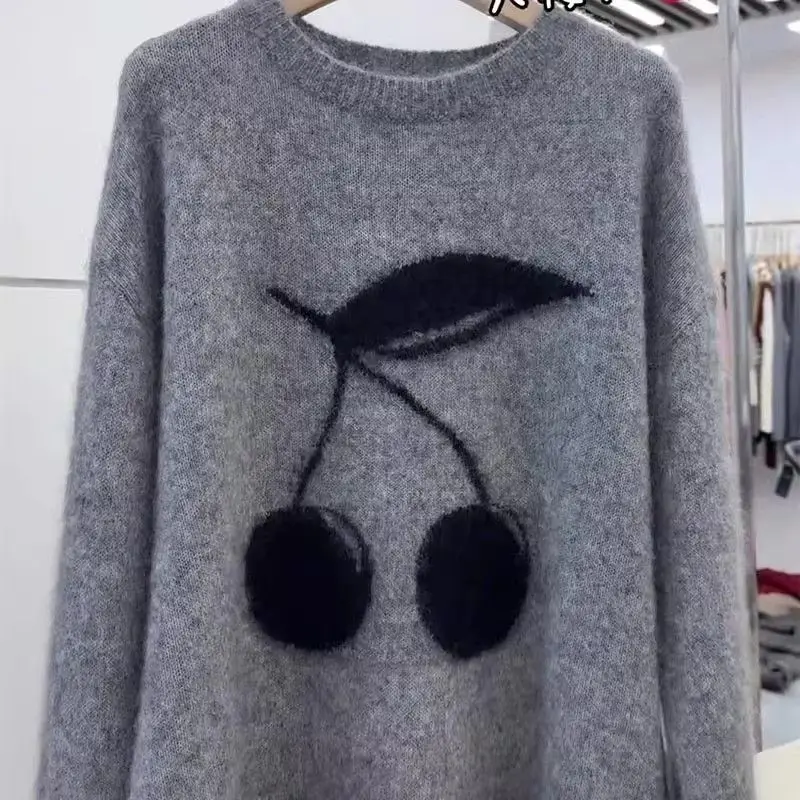 Vintage Round Neck Cherry Print Gray Long Sleeve Knit Sweater Women Winter Loose Top