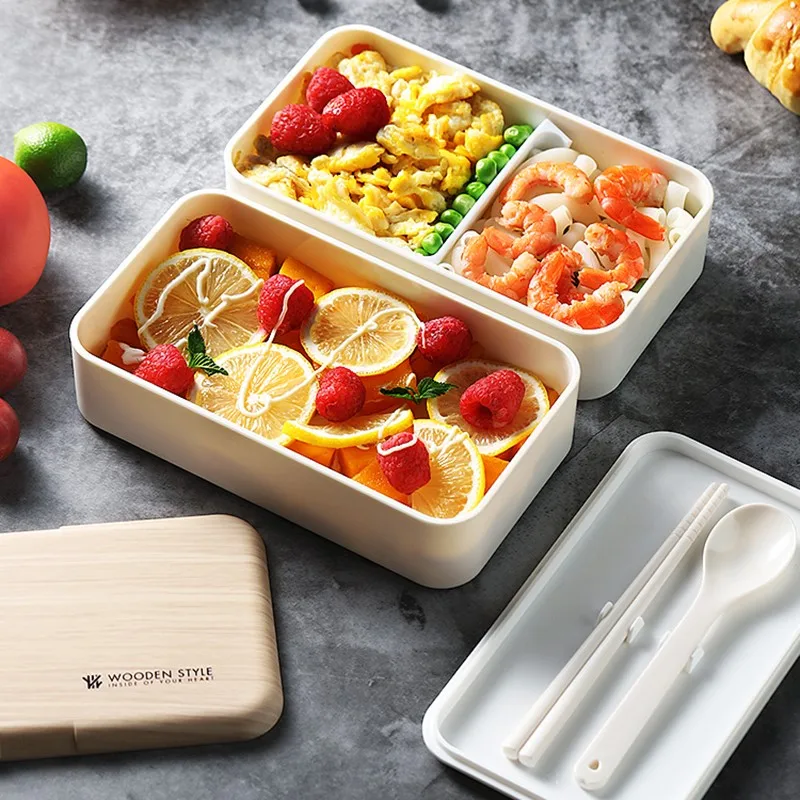 Microwave Double Layer Lunch Box 1200ml Wooden Feeling Salad Bento Box BPA Free Portable Container Box Workers Student