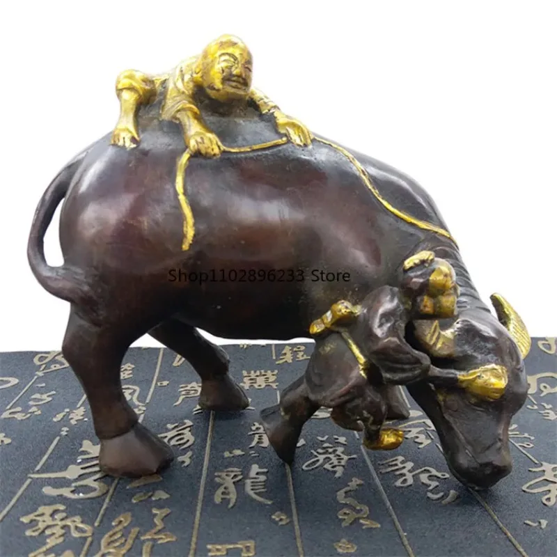 

Brick and mortar store direct hot selling pure copper cattle ornaments, metal craft boys shepherd boys riding cattle home decora