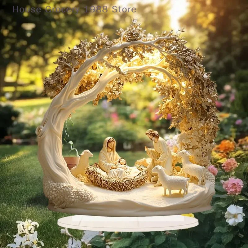 [HMA70] 1 Pc Family Statue Jesus Tree Of Life Newborn Acrylic Flat Plate Desktop Decoration Ornaments For Home Decor
