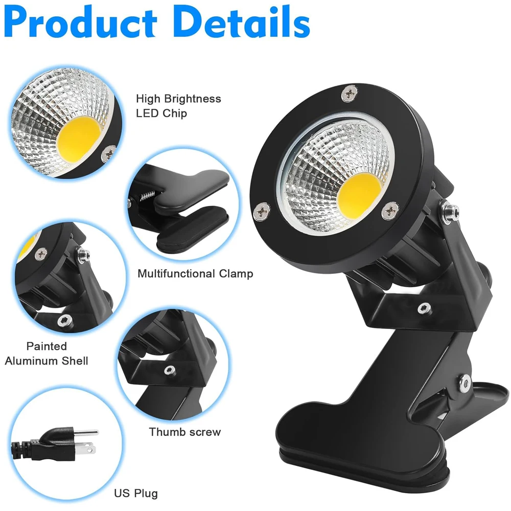 Clip On Spot Light Plug in Faretto impermeabile 12W 110V 220V Faretto a morsetto LED per interni ed esterni da 10W con spina EU/US/UK