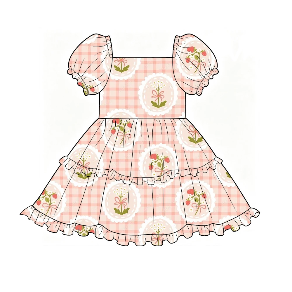 New Hot Sale Boutique Girls Dress Puff Sleeves Dress Ruffles Fruit Flower Print Custom