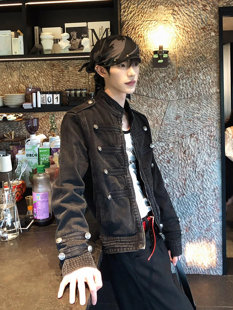 Washed Black Denim Jacket Men's Fashionable Stand Collar Button up Casual Style Standard Fit Leather Collar Warmth for Youth