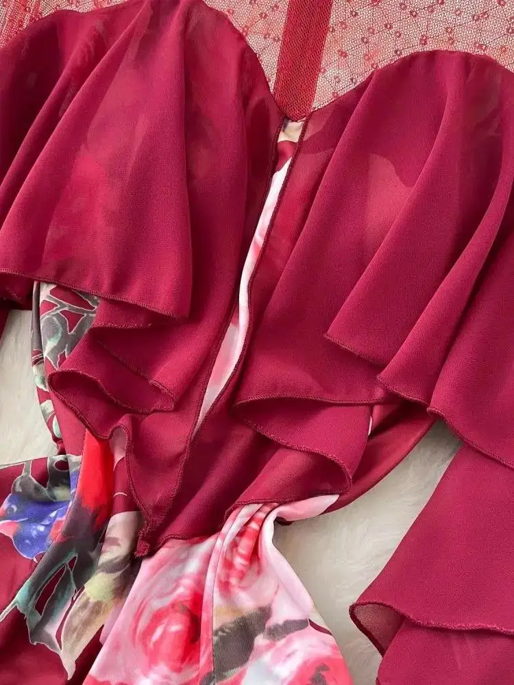 Primavera verão manga borboleta flor impressão sereia vestidos longos camada feminina babados costura festa de aniversário roupas femininas