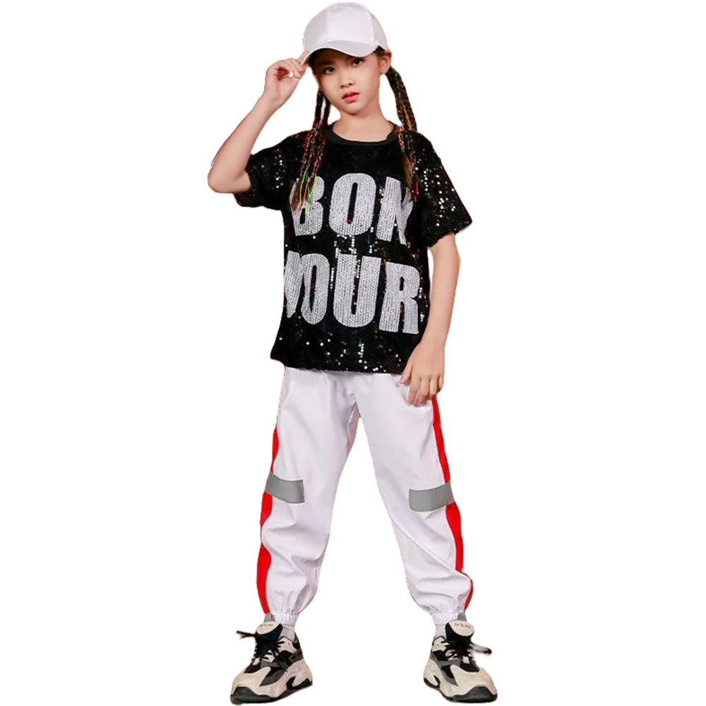 Conjunto de dança hip-hop com lantejoulas para crianças, roupa esportiva para dança de rua para meninos, fantasia de performance de palco para líderes de torcido