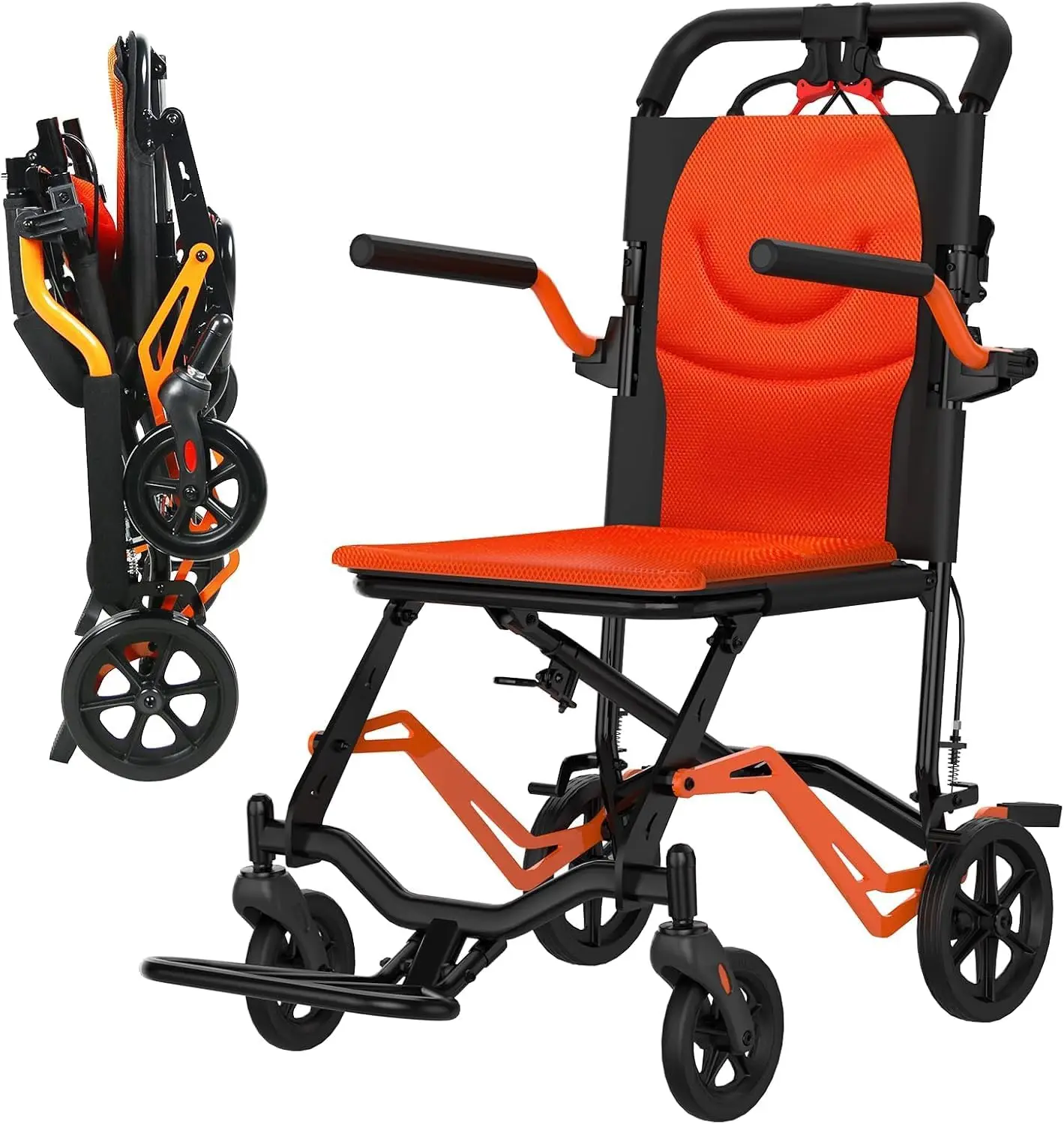 Tacleekii Portable Lightweight Folding Transport Chair, Ultra Lightweight, Locking Handbrake, Removable Flip Armrests, Aluminum Alloy, Swinging Footrests