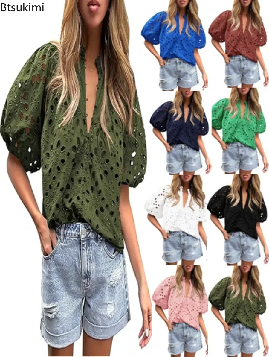 

2024 Summer Hollow Out Tops Women's Fashion Lace Splice Lantern Sleeve Half Button-up V-neck Pullover Females Blouses Streetwear