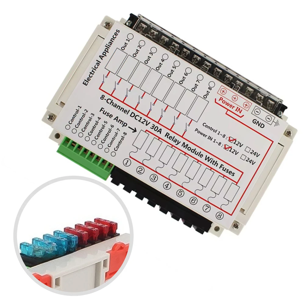

12V 30A 8 Way Fuse Control Switching Module Panel Kit For Caravan DC Camper RV Trailer Boat Marine Electrical System Distributio
