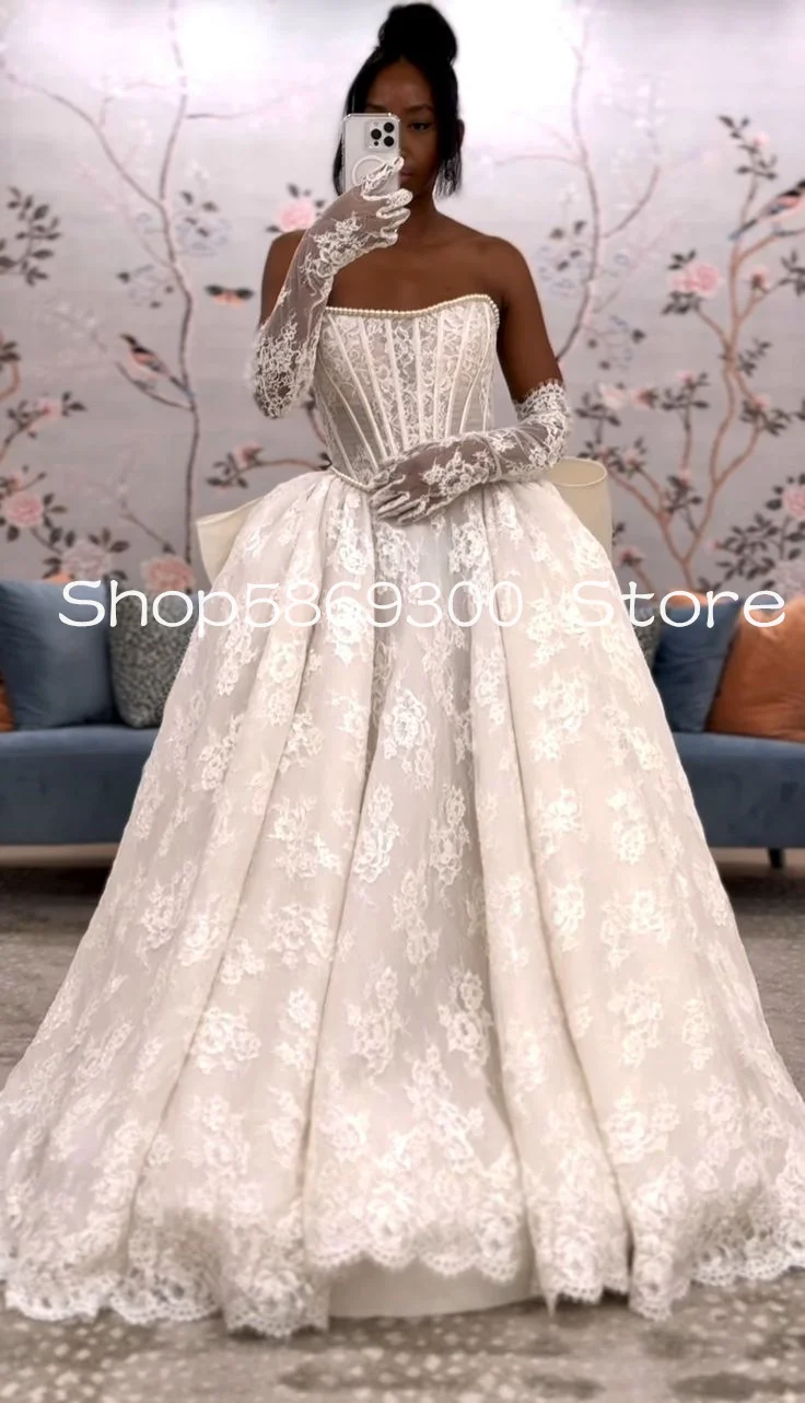 

Two Pieces Lace Princess Wedding Dresses with Detachable Train Pearls Strapless Customsized Church Bridal Gown Garment