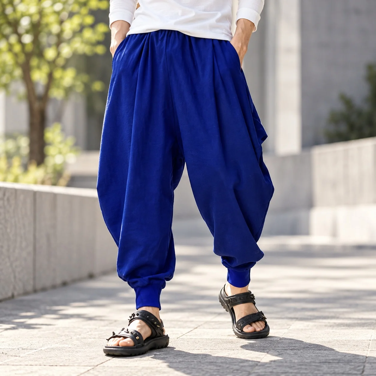 Loose Fit Woven Belt Full Length Western Men Pants with Drawstring Closure Ribbed Hem No Belt No Stretch Cropped Ankle Summer