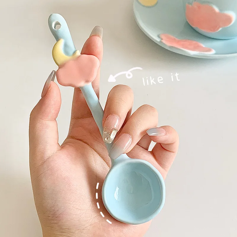 

Star Moon Spoon Household Kitchen Tableware Ceramic Coffee Spoons Cute and Girlish Underglaze Color Creative Cartoon Small Scoop
