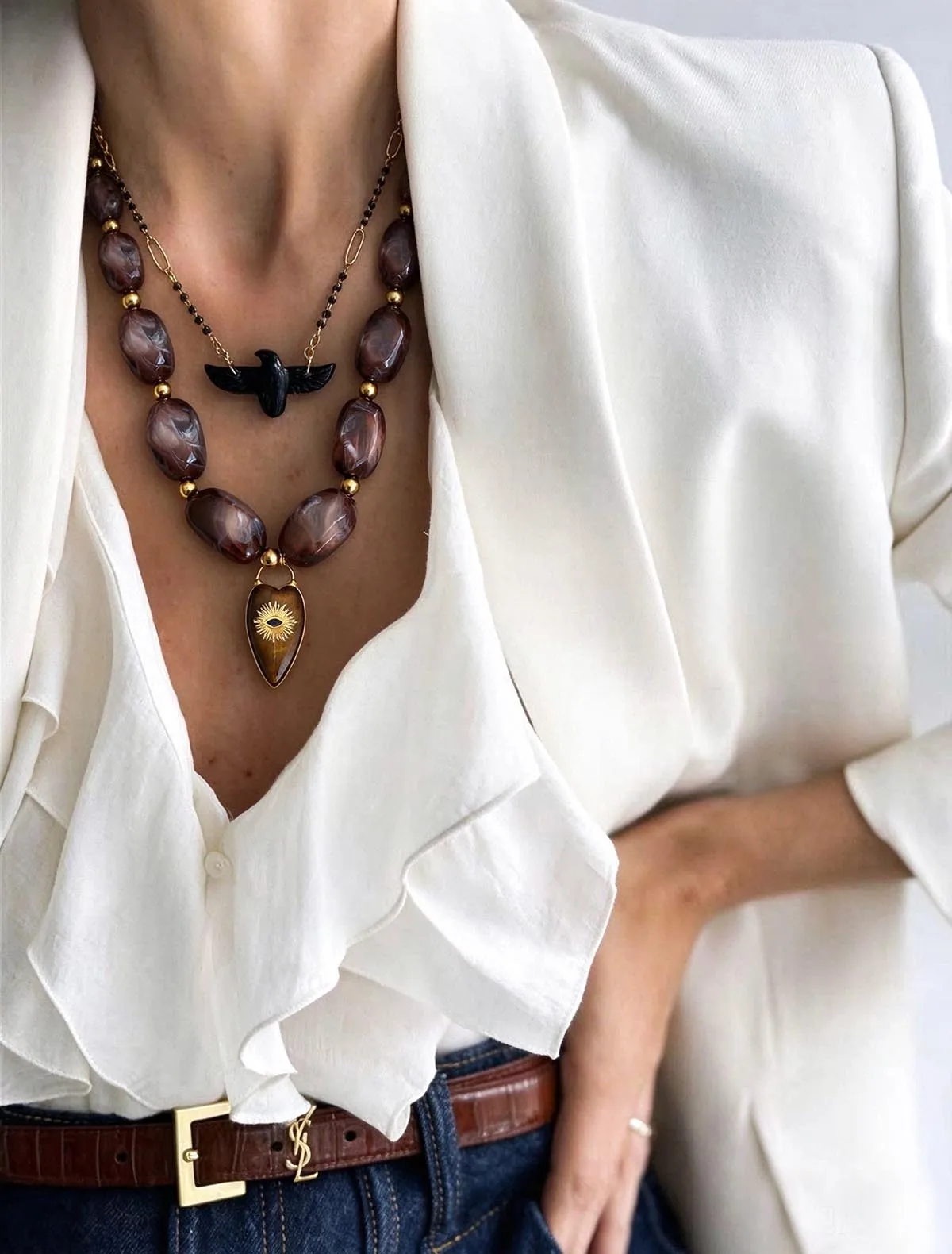 2026 Elegant Retro Fashion party jewelry with aura Big resin bead bib statement necklace big tiger eye stone Heart pendant