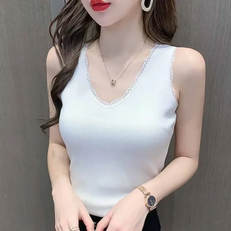Korean Temperament Simple Fashion Lace Patchwork V-neck Sleeveless Vest Solid Slim Versatile Screw Thread Summer Sexy Sling Top