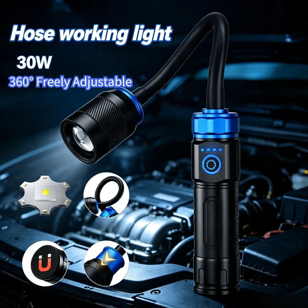 Bendable Hose Magnetic Work Light Type‑C Rechargeable Zoomable Long‑Beam Flashlight Portable Inspection Torch for Inspection