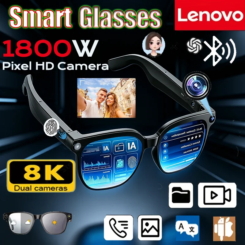 Lunettes intelligentes Lenovo 1800MP AI 8K sans fil, lunettes de soleil Bluetooth, télécommande, enregistrement photo tactile, assistant vocal, traducteur