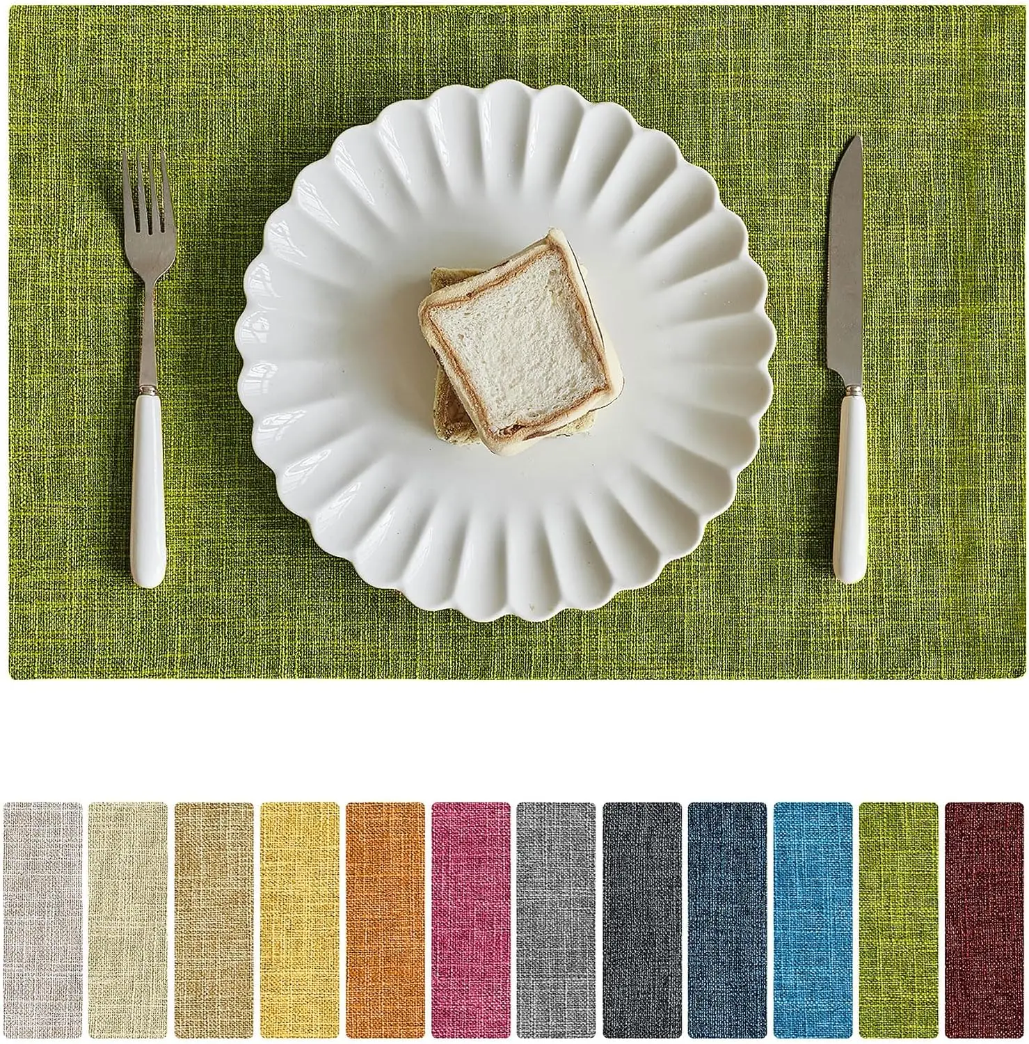 Faux Linen Placemats Set of 12 - 12x18 Inch Heat Resistant Double Layered Durable Farmhouse Non-Slip Washable Rustic Table Mats (Lime Green)
