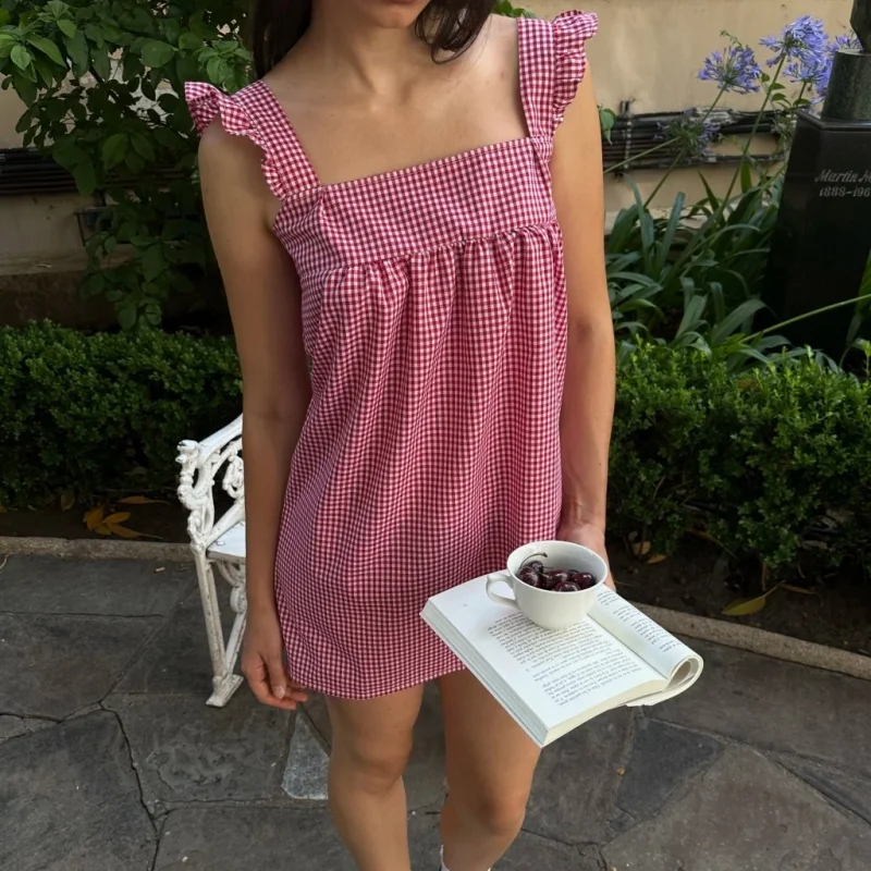 Y2K 여성용 체크 무늬 베이비돌 드레스 - 여름용 프릴 스트랩이 있는 스퀘어 넥 민소매 미니