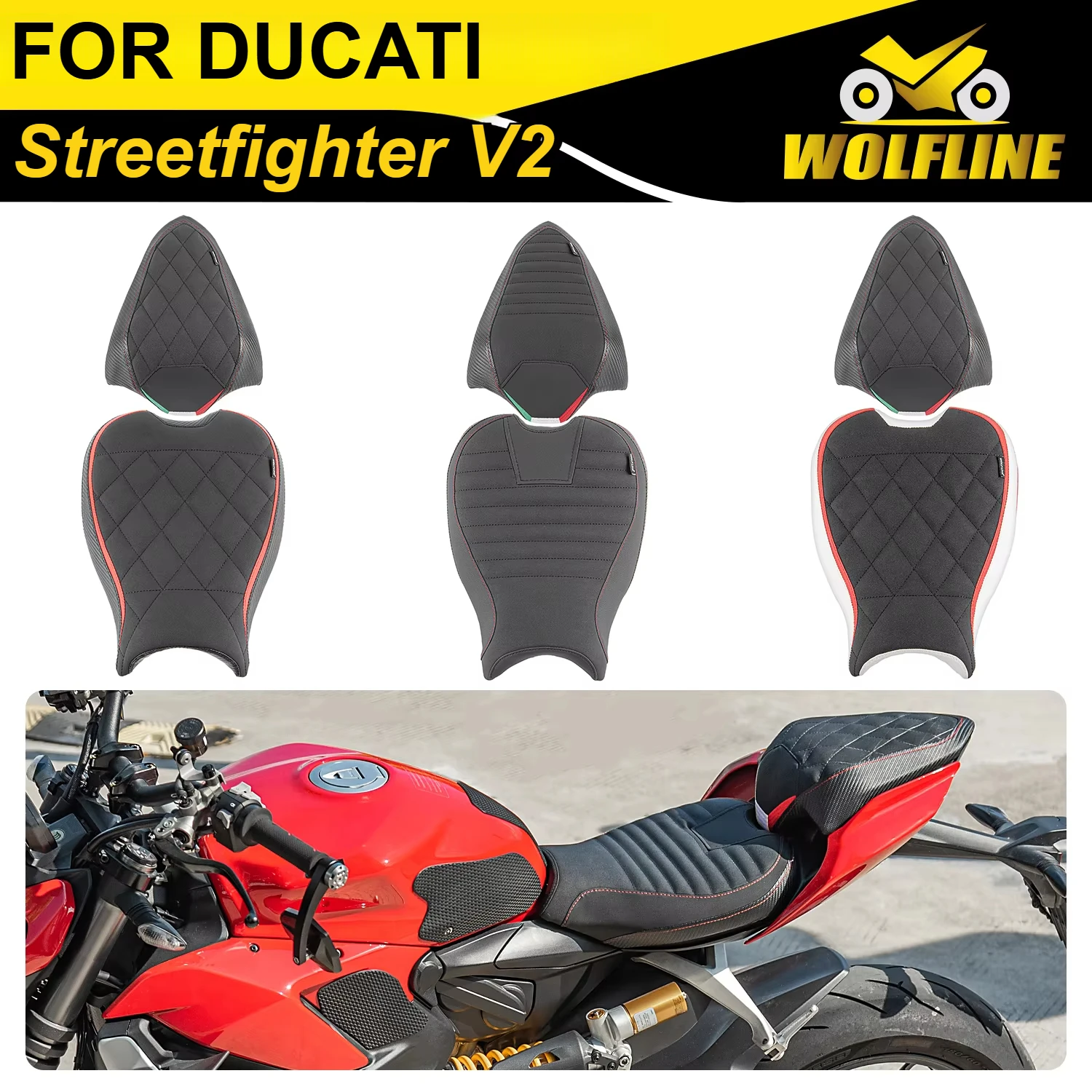 WOLFLINE Rider Passenger Seat Pad Front Rear Saddle Cushion for Ducati Streetfighter V2 2022 2023