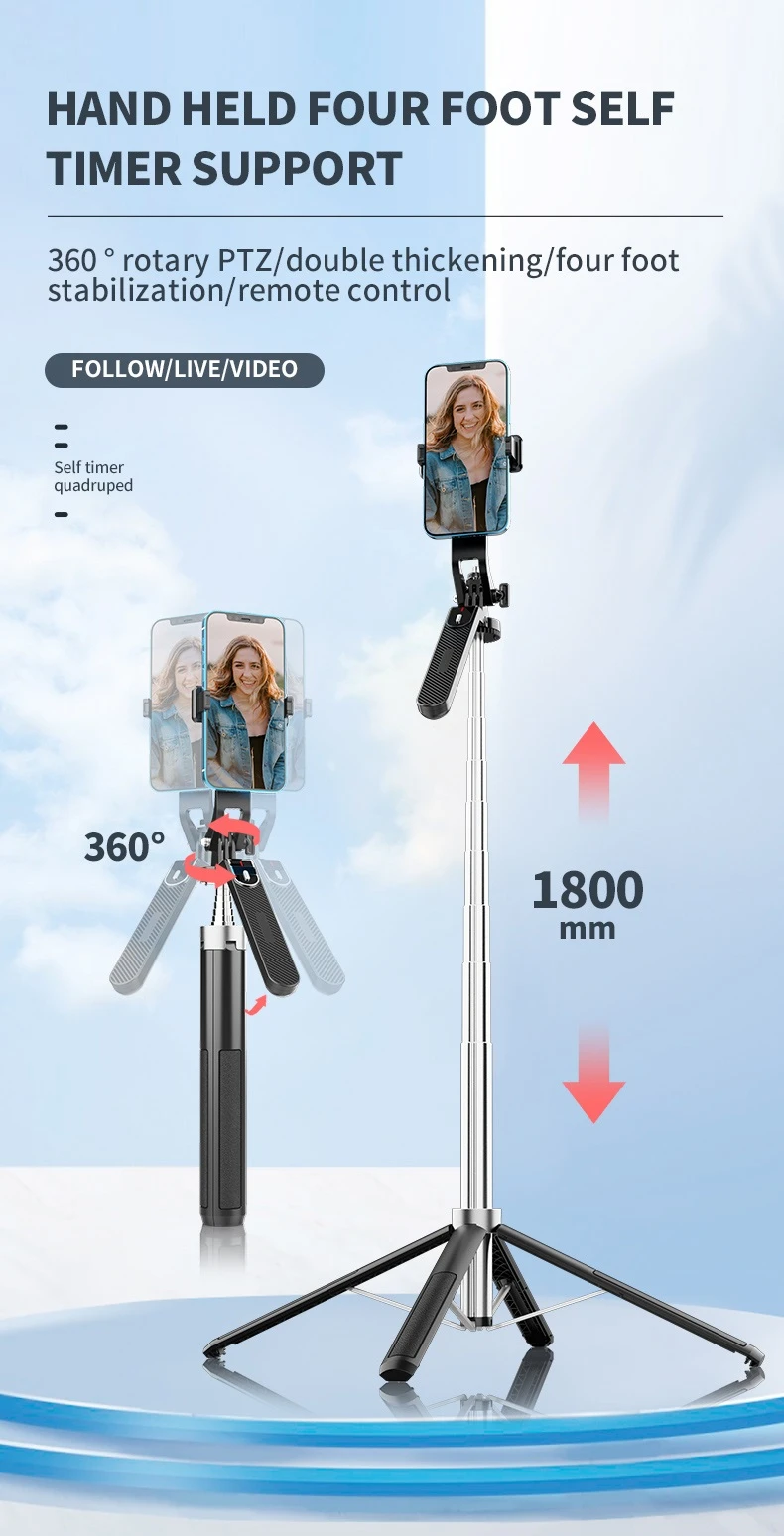 عصا سيلفي لاسلكية 800 ملم حامل ثلاثي القوائم 360 درجة ° AI ذكي الوجه اتبع النار لتوازن الهاتف الذكي للكاميرا الرياضية Gopro
