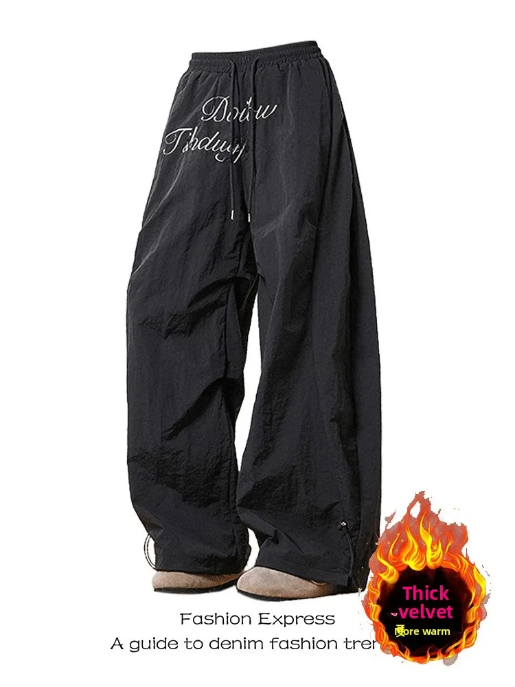 

Retro American Black Letter Embroidery Fleece Paratrooper Work Pants Women Winter Warm Thick Wide Leg Knife Shape Pants