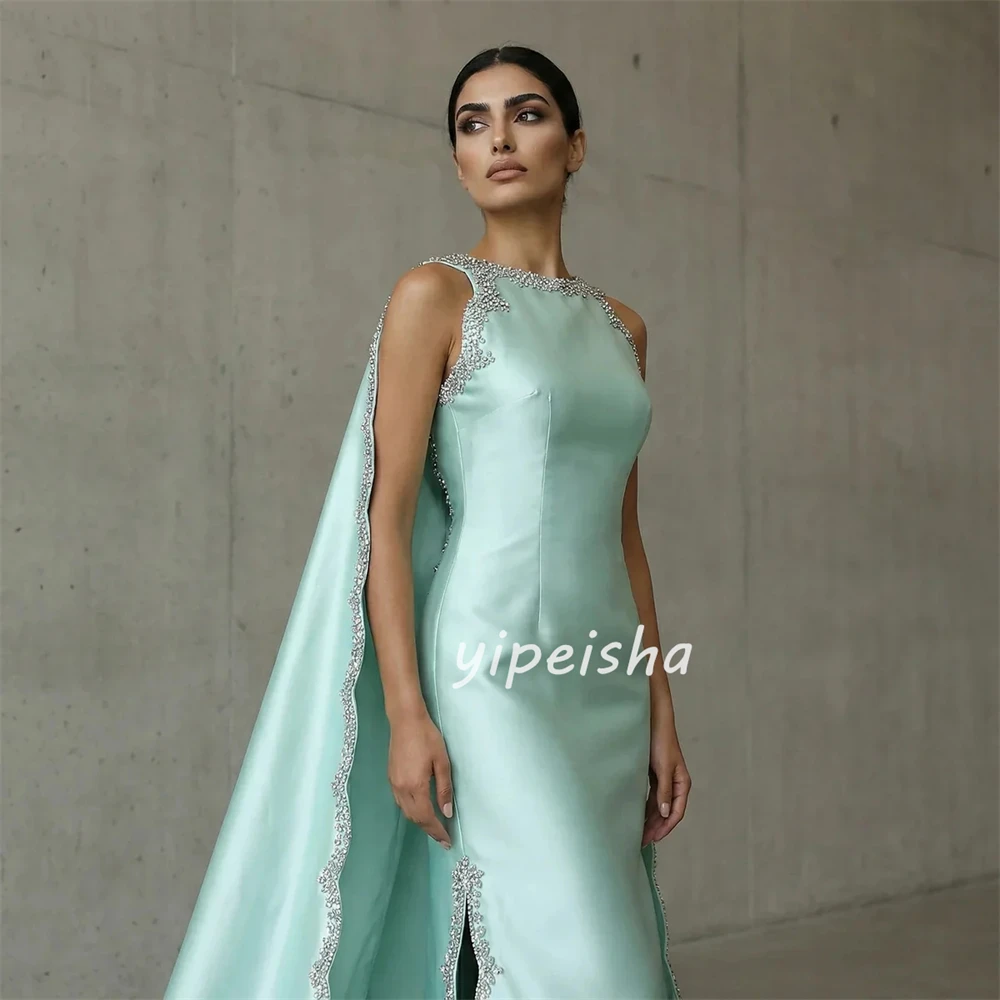 Customized Formal Elegant Jersey Rhinestone Draped Straight Prom Dresses Scoop Neck Sleeveless Evening Dresses Sizes Available image 4