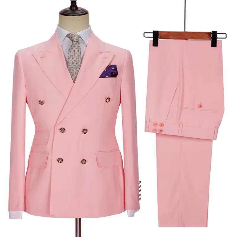 Abiti rosa eleganti da uomo Chic doppio petto con risvolto a punta Business Casual Festa di nozze Set completo Pantaloni giacca da uomo 2 pezzi