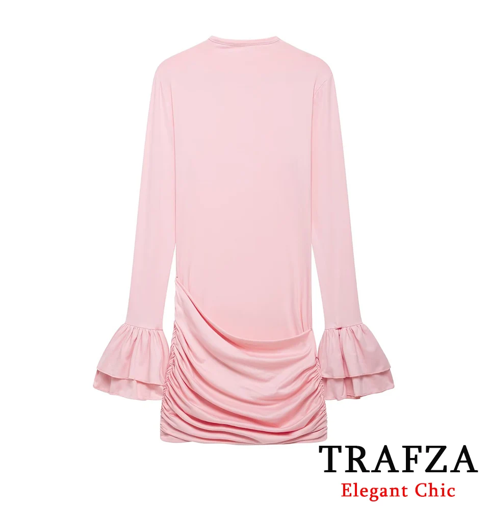 

TRAFZA Women Stylish Pink O-Neck Pleated Bodycon Dress 2025 New Spring Summer Fashion Sexy High Street Date Party Sweet Dress