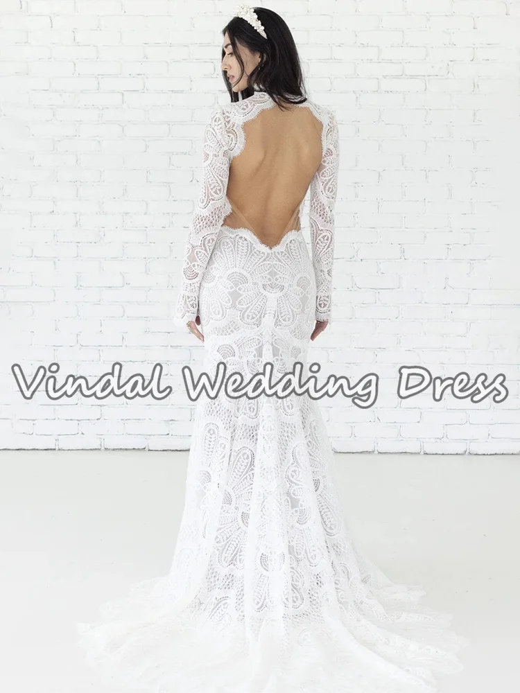 Vindal Boho Lace Wedding Dress Backless High Neck Long Sleeve Bridal Gown Vestido de Novia Bohemio Sirena Brautkleid