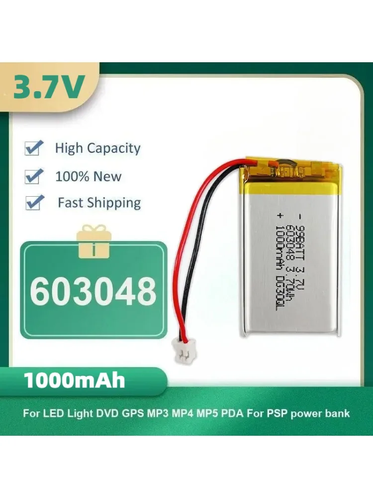 Akumulator Lipo 3.7V 1000mAh 603048 + Złącze JST 2.0mm 2-pinowe do MP3 GPS DVD Rejestratora Bluetooth Słuchawek E-booka Aparatu — zdjęcie produktu 7