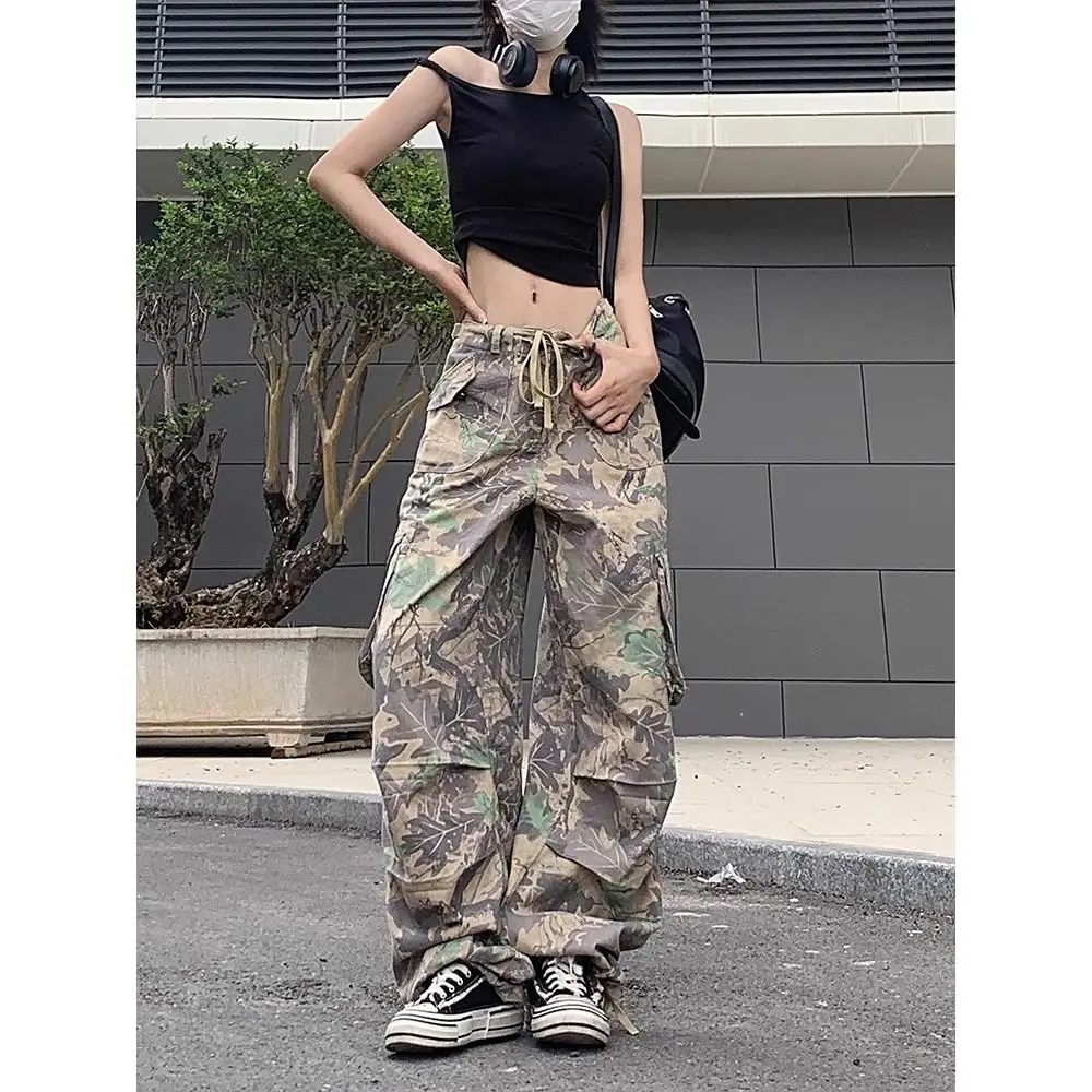 

Retro trendy brand camouflage women work pants ins sweet and cool style high street clothing wide leg long pants with bound feet