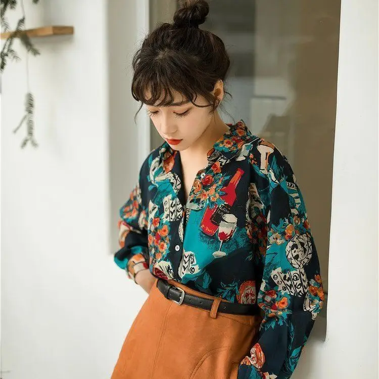 Kikyo Aristocratic Women's Clothing Floral Shirt Hong Kong Style Retro Hong Kong Style Chic Shirt New Oil Painting Loose Top