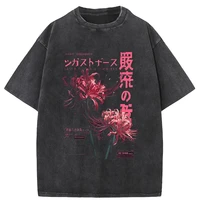 Camiseta lavada de anime estética con flor Grunge suave lirio de araña japonés, ropa estética, camisas para ropa de hombre