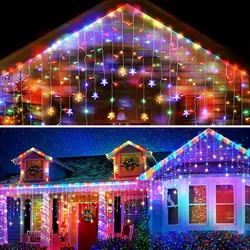 Decoraciones navideñas 2025 Luces de carámbano LED al aire libre 20m 864 LED Guirnalda de cortina de estrellas impermeable IP44 Nochevieja 2025 Luces de hadas de festón para el Día de San Valentín / Boda / Navidad / De