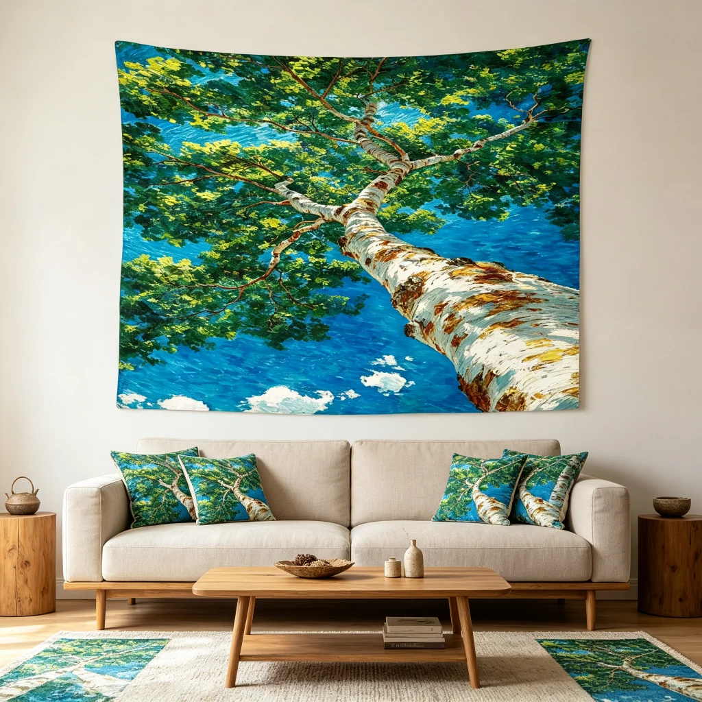 1PC Birch Tree Blue Sky Art Print Backdrop Banner, Bedroom Living Room Photo Background, Polyester, Home Decor, Wall Art