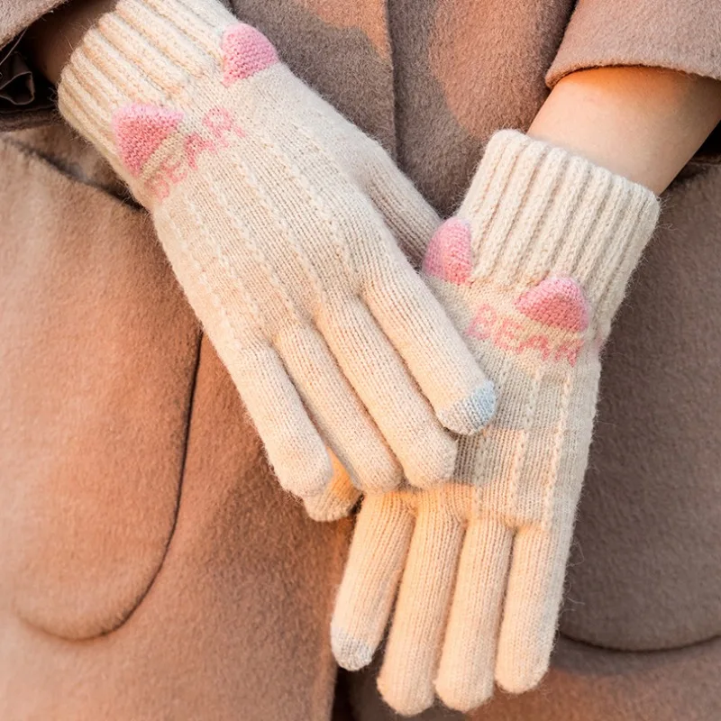 1 Pair Autumn Winter Thicken Warm Gloves Women Touch Screen Knitted Gloves Adult Imitation Cashmere Female Stretch Finger Mitten