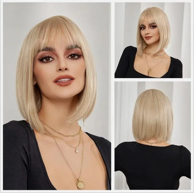 BLonde Bob with Bangs Short Straight Natural for Women Wigs