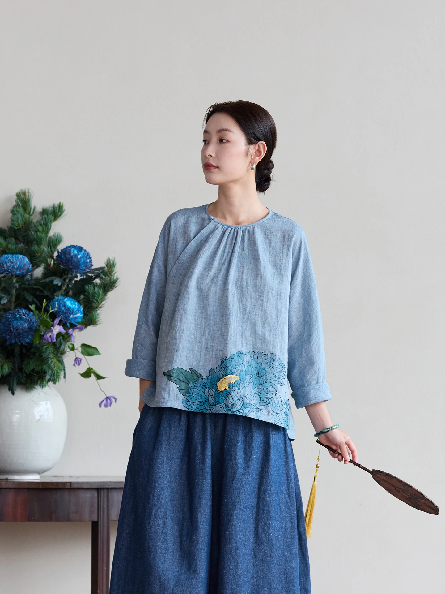 

Blue Fence Fraance Original 00% Linen round Ne Printed Long Sve oulder Connected Women's Top Chinese Sle Loose Fit