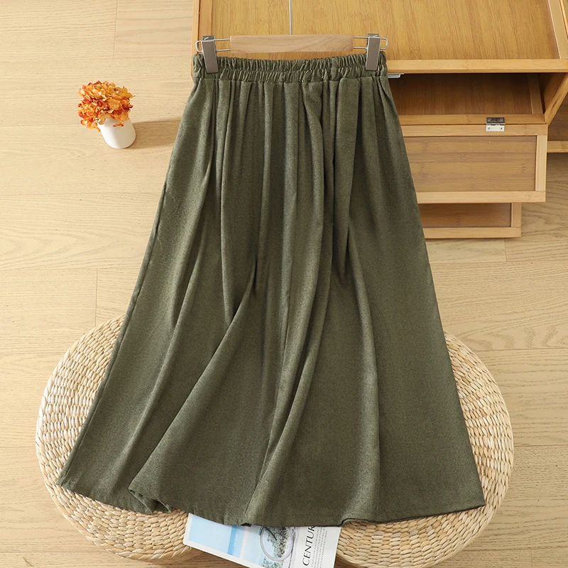 Corduroy A-Line Midi Skirt Women's Winter New Style Versatile Warm Pleated Pure Color Button Elastic Waist Half-length Skirt