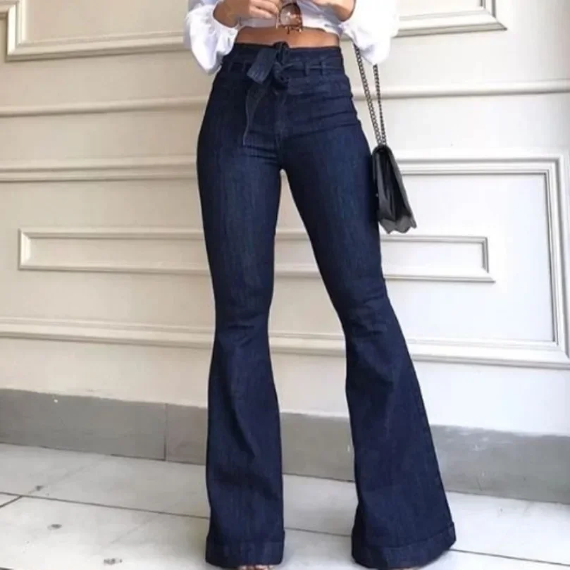 Mãe jeans feminino calças flare zíper voar bolsos planos streetwear denim trabalho elegante bodycon leve estiramento cinto jeans de cintura alta