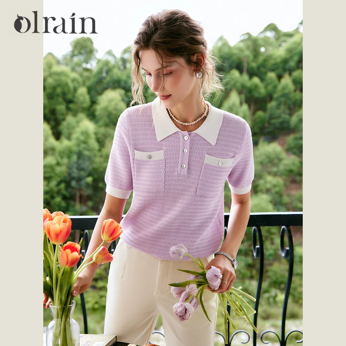 

OLrain Women Pullovers French Purple Small Fragrant Style POLO Neck Knitted Sweaters Summer 2025 Fads Loose Thin Tops O22XZ61255