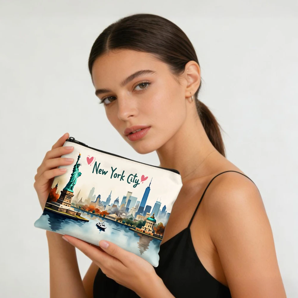 New York City Skyline Statue Makeup Bags for Girls Cosmetic Pouch Toiletry Bag Pencil Case Travel Storage