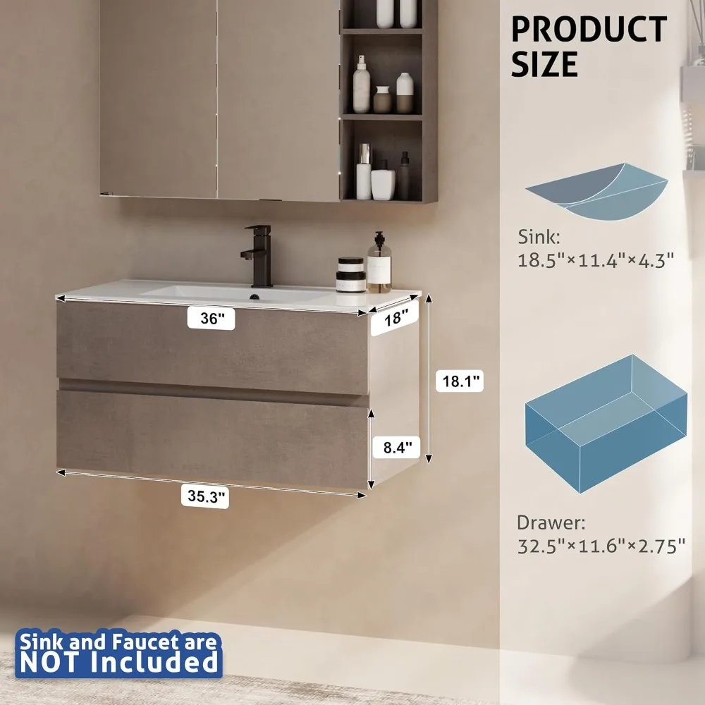 

36" Wall Mounted Bathroom Vanity with Sink Combo Set, Floating Bathroom Storage Cabinet w/Bevelled Invisible Handles, 2 Drawers