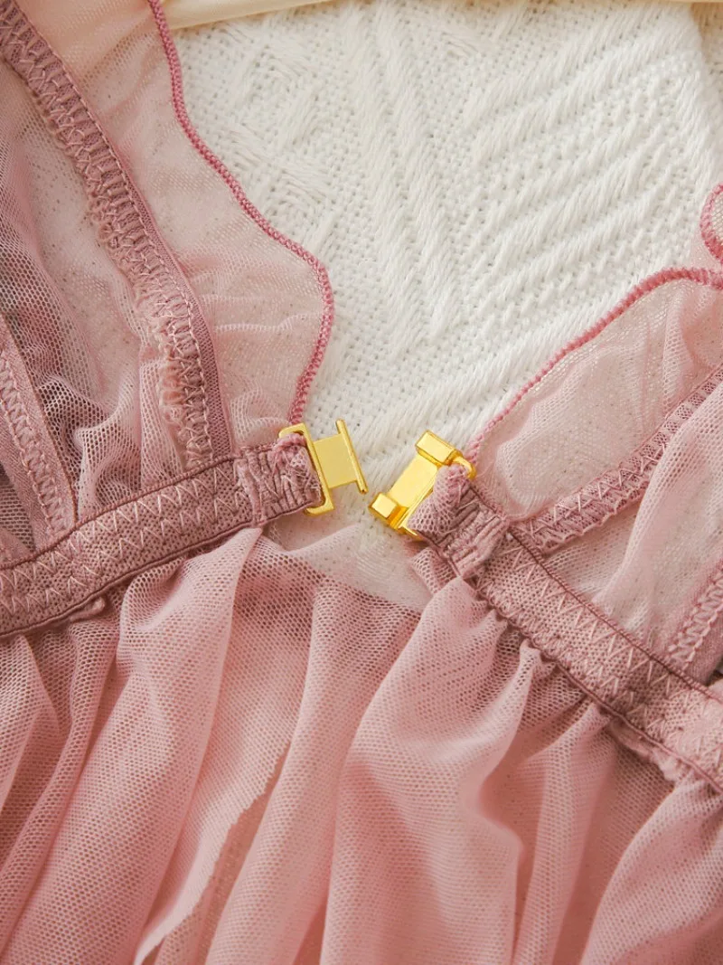 New Sexy Lingerie Nightgowns Soft Front Split Lace Gauze Suspender Nightdress with Panties Breast Bow Pajamas Women Sleepwear